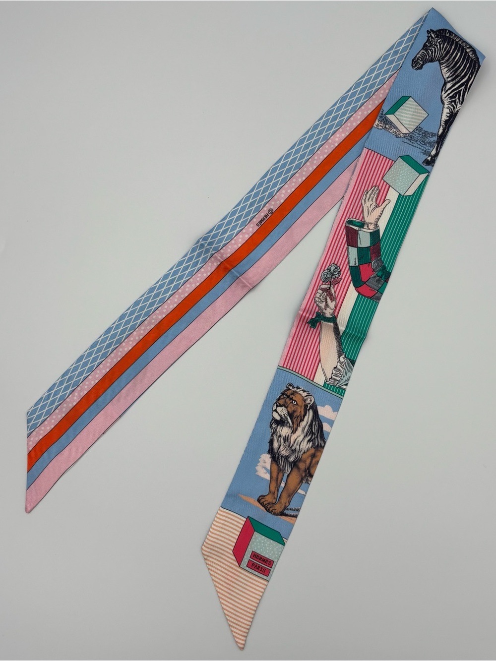 Hermes Twilly Scarf Blue Pink Tiger Zebra Toucan Animal Print Bag Handle Wrap